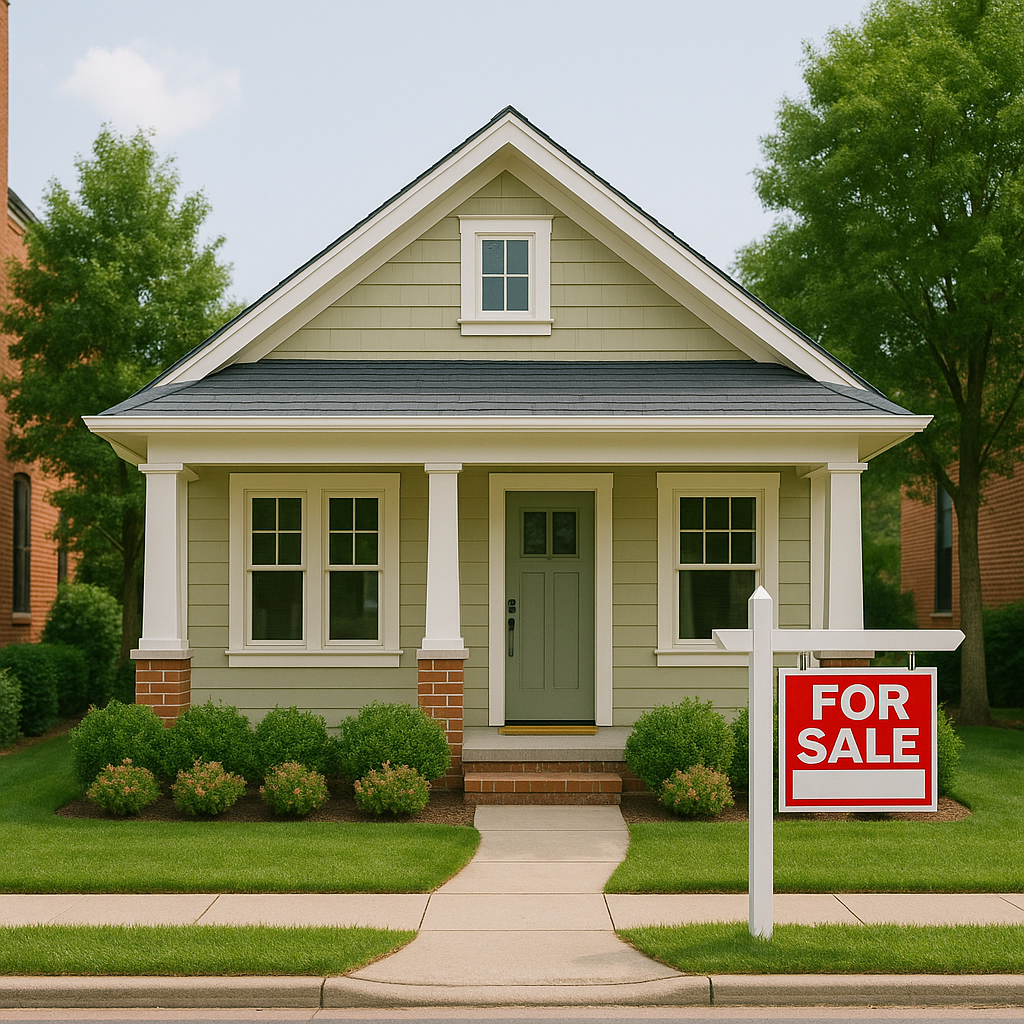 A well-maintained light green craftsman-style home with white trim, brick accents, and a “For Sale” sign on the lawn, showcasing curb appeal for potential buyers.