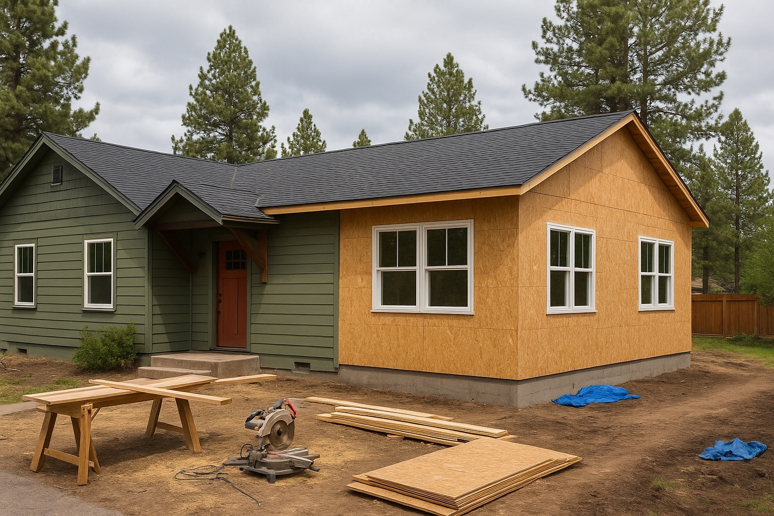 A modern accessory dwelling unit (ADU) under construction, featuring green siding on one side and exposed OSB sheathing on the other, surrounded by tools and lumber in a wooded setting.