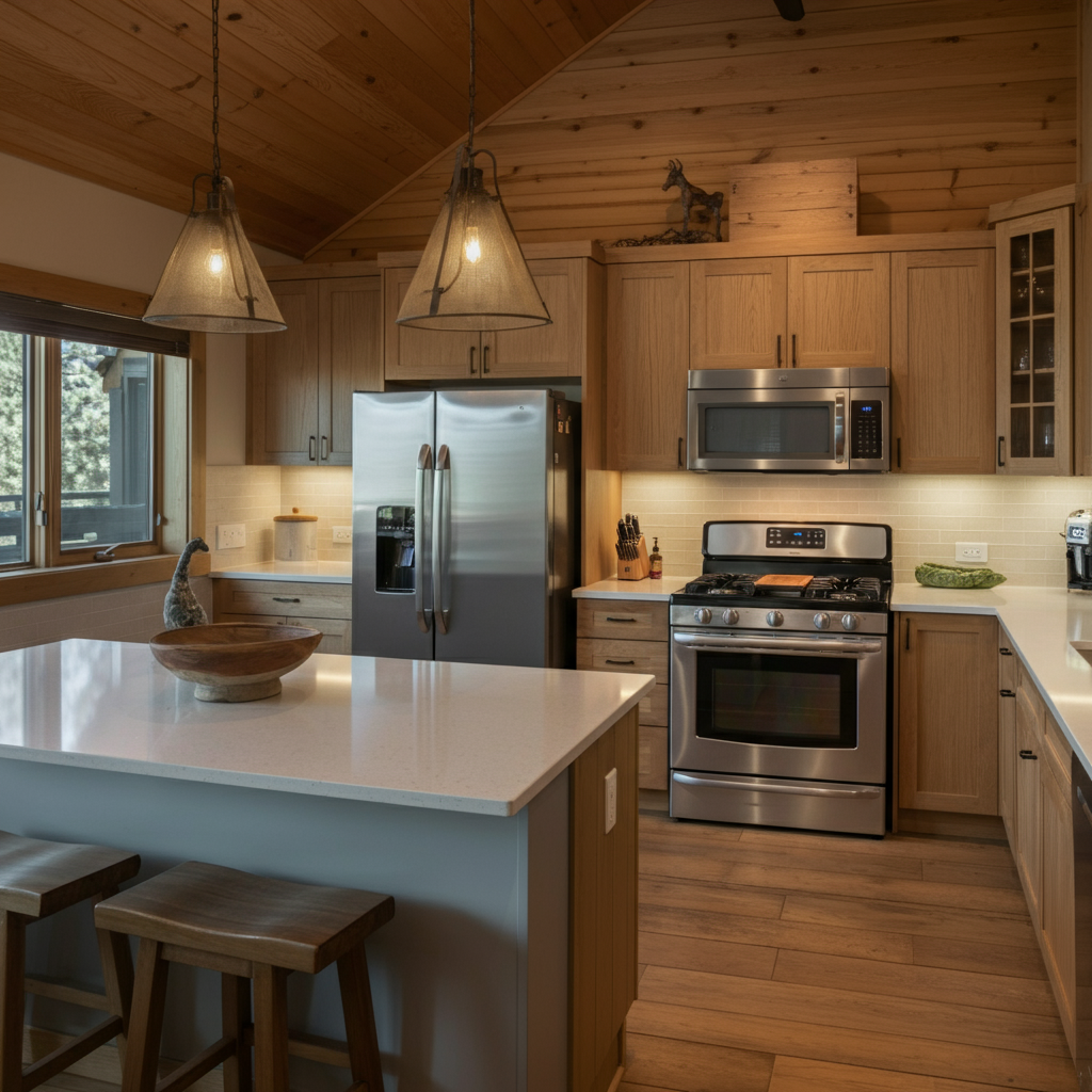 Warm kitchen with natural wood ceilings and cabinetry, stainless steel appliances, pendant lighting, and an island with bar stools—ideal for family gatherings.