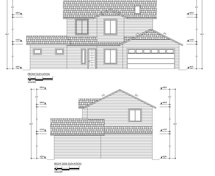 Technical architectural drawings showing front and right side elevations of a modern two-story home with garage, complete with measurements and material textures.