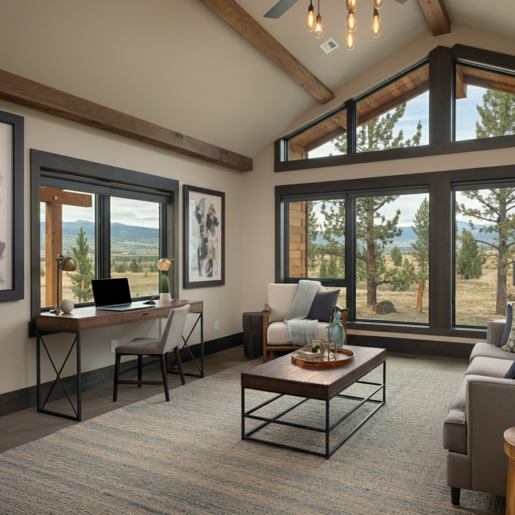 Cozy modern living room featuring exposed wood beams, large windows overlooking pine trees and distant mountains, and stylish furniture perfect for a Sunriver ADU.